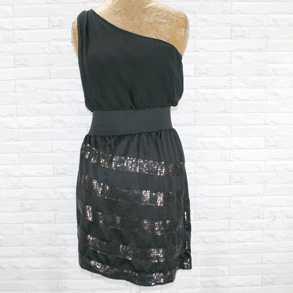 SHE SAID Dress One Shoulder Sequin Stripe Cocktail Party Black Small